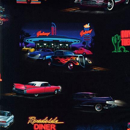 RK On The Road 18480-256 Retro Diner Classic Cars - Cotton Novelty Fabric
