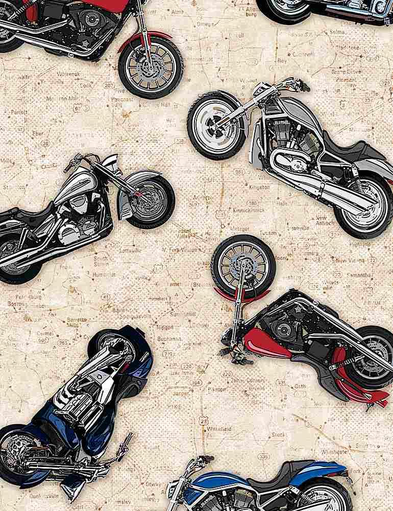 TT Patriotic Motorcycles on Map FUN-C8794 Natural - Cotton Fabric