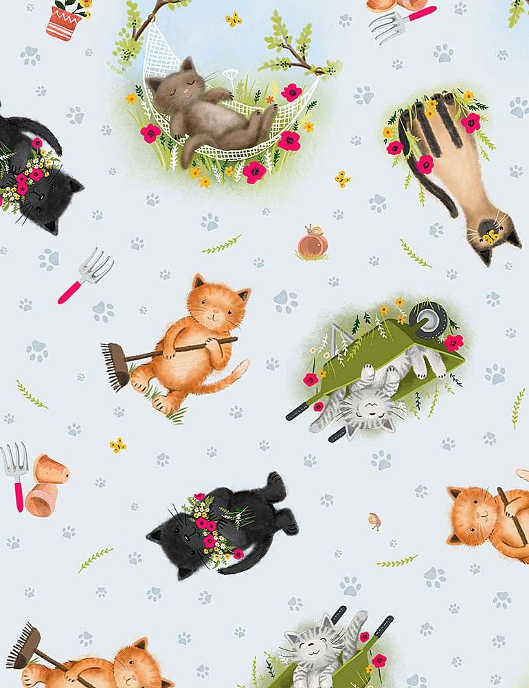 TT Pretty Cats in Garden - CAT-CD1586-SKY - Cotton Fabric