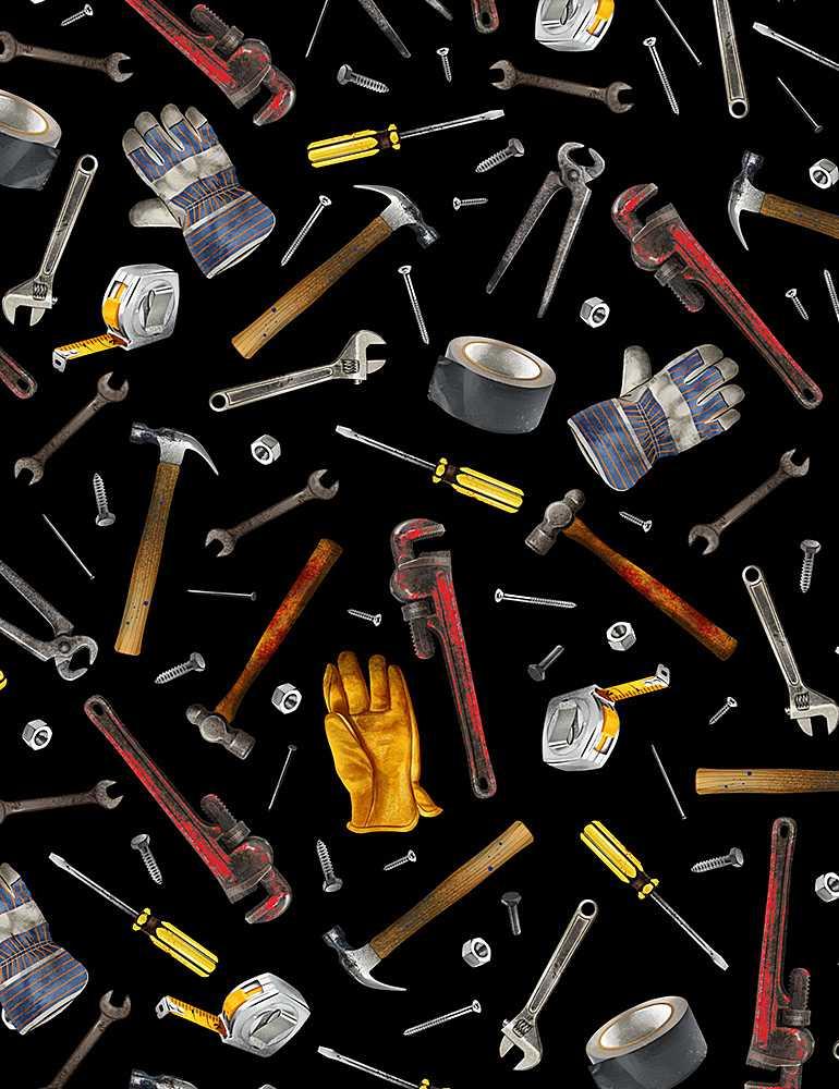 TT Tossed Garage Workshop Tools GM-C8939-BLACK - Cotton Fabric