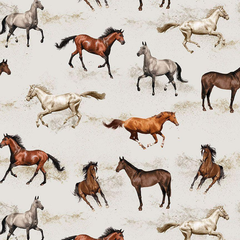 TT Westen Wild Horses Racing - CD2630-CREAM - Cotton Fabric